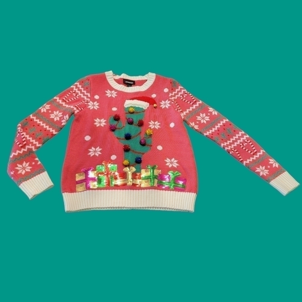 Joe Boxer Cactus Ugly Christmas Sweater Pink Sequins Juniors Small T48